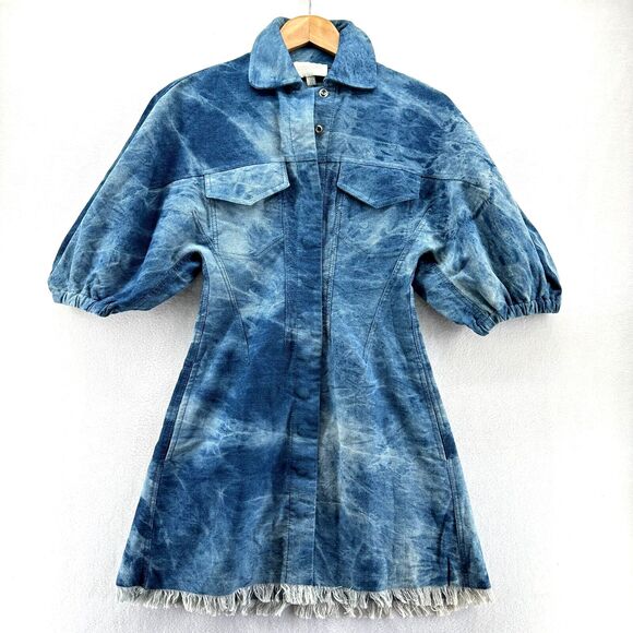 Divine Heritage Denim Tie Dye Dress Size XS Mini Fringe Hem Puff Sleeve Western - Picture 4 of 13